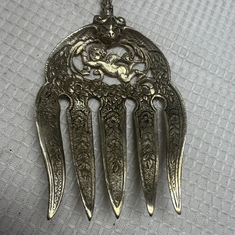 Rare Vintage Italian Large Silver Plated Intricate Designed Serving Fork Cherub